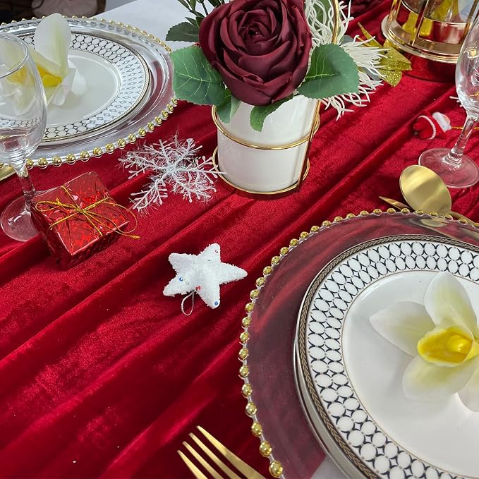 Luxurious Velvet Table Runner, 10ft Wedding Reception Decorations, 20x120inch Soft Velvet Fabric, Table Linen Overlay, Wedding Table Runners (Red, 20X120inch) - Image 2