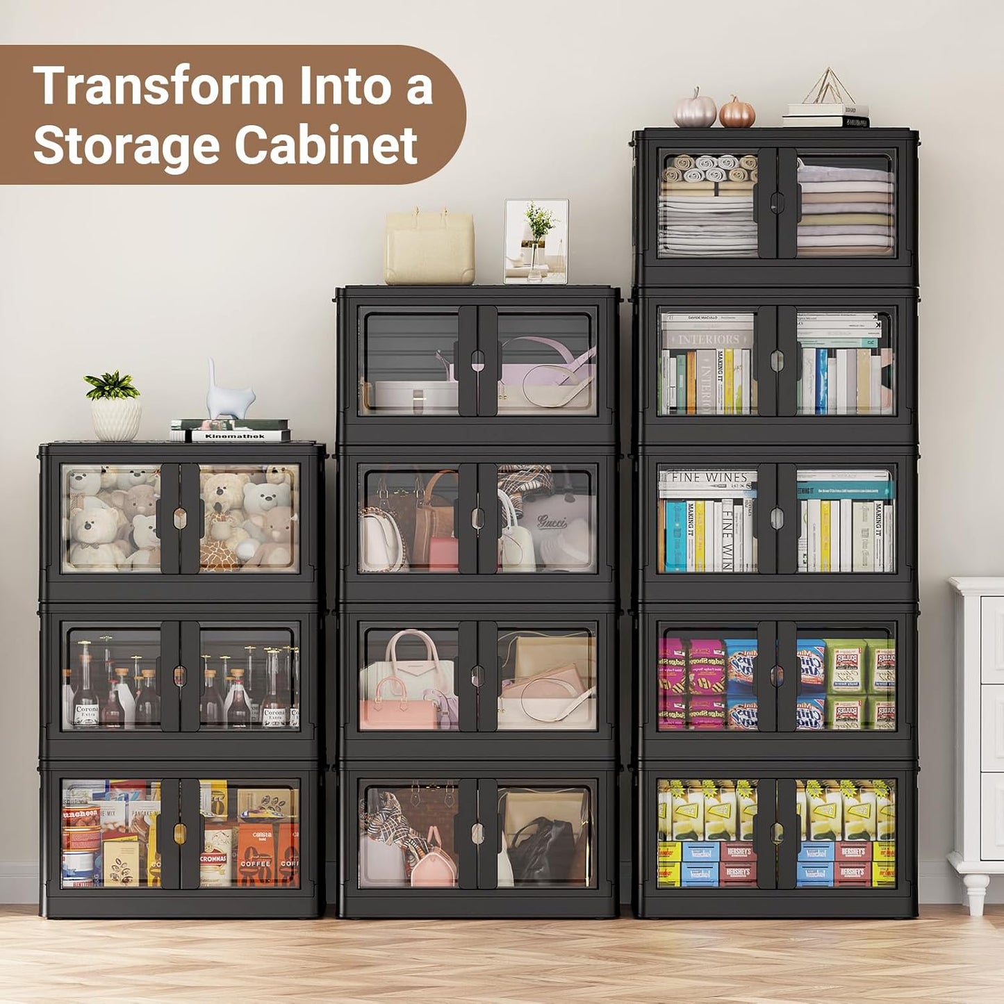 345Qt Stackable Storage Bins with Individual Lids & Wheels, Large Plastic Collapsible Latching Boxes Closet Organizers and Storage Cabinet Shelves Units for Home Kitchen Dorm, 3-Pack Black