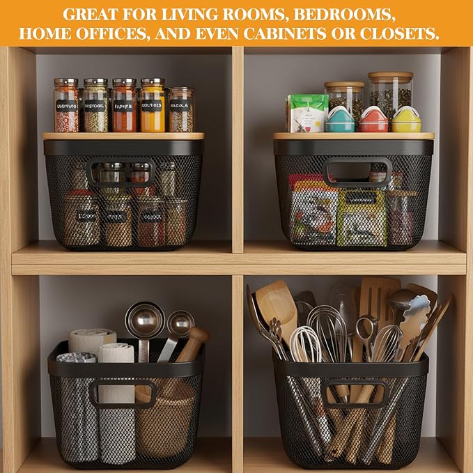 Maxdot 4 Pack Stackable Wire Baskets for Pantry Organizers Kitchen Storage Metal Baskets with Bamboo Lids 10"x10"x7" Vegetable Fruit Basket Produce Potato Onion Storage Bin for Kitchen Countertop - Image 5