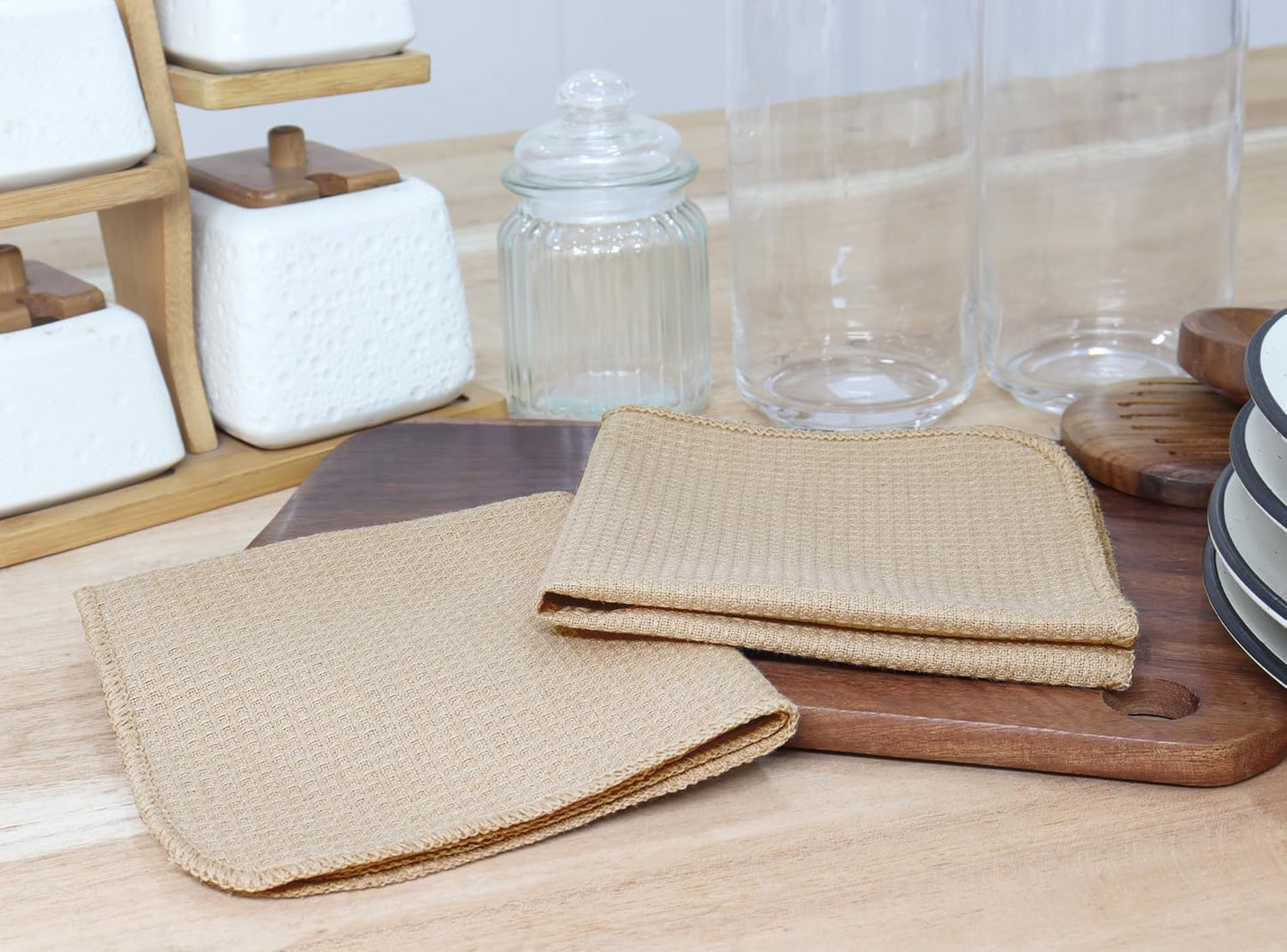 PurpleEssences Dish Cloths and Dish Rags - 8 Pack Waffle Weave Solid Kitchen Dish Wash Cloths, 100% Cotton, 12 x 12 Inches, Ultra Soft Absorbent Quick Drying - Beige