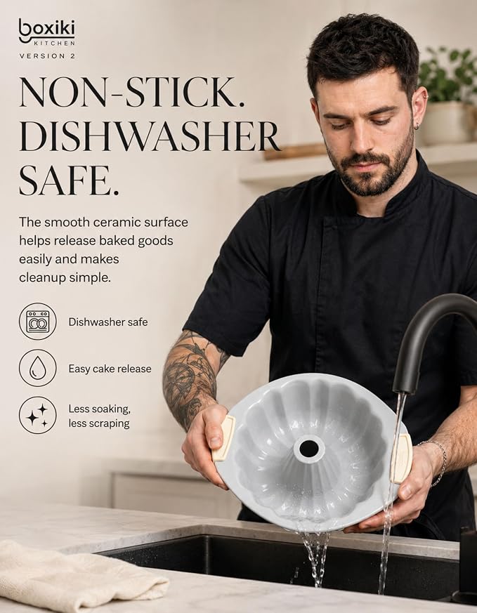 Boxiki Kitchen Ceramic Fluted Cake Pan, 12 x 10 x 3 Inches Nonstick Pound Cake Pan, Heavy Duty 0.6mm Aluminized Steel, KFCC Korean Ceramic Coating, Oven Safe to 550°F, PFAS-Free, Large Tube Cake Mold - Image 6