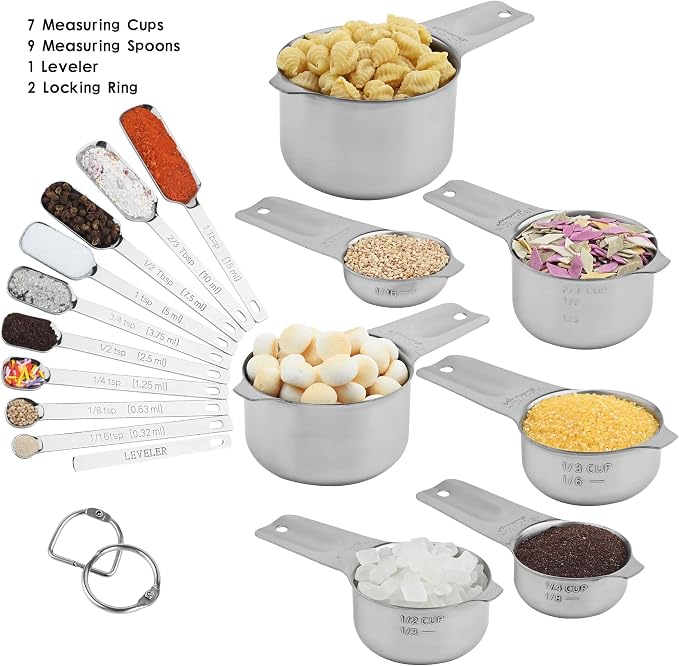 Measuring Cups and Spoons Set, 18/8 Stainless Steel Measuring Cups and Spoons Set, Metric & US Measuring Tools Set, Heavy Duty 7 Cups and 9 Spoons 1 Leveler for Baking and Kitchen - Image 2
