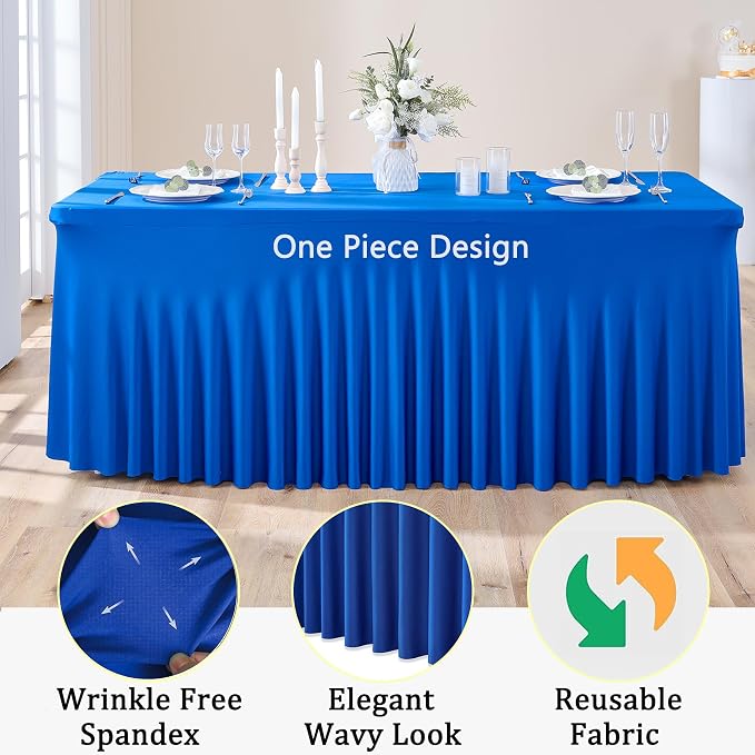 2 Pack Royal Blue Spandex Table Clothes for 6 Foot Rectangle Tables, Wrinkle Free Fitted Table Cover 6ft Stretchy Tablecloths with Skirt for Parties Weddings Birthday Banquet Baby Shower - Image 4