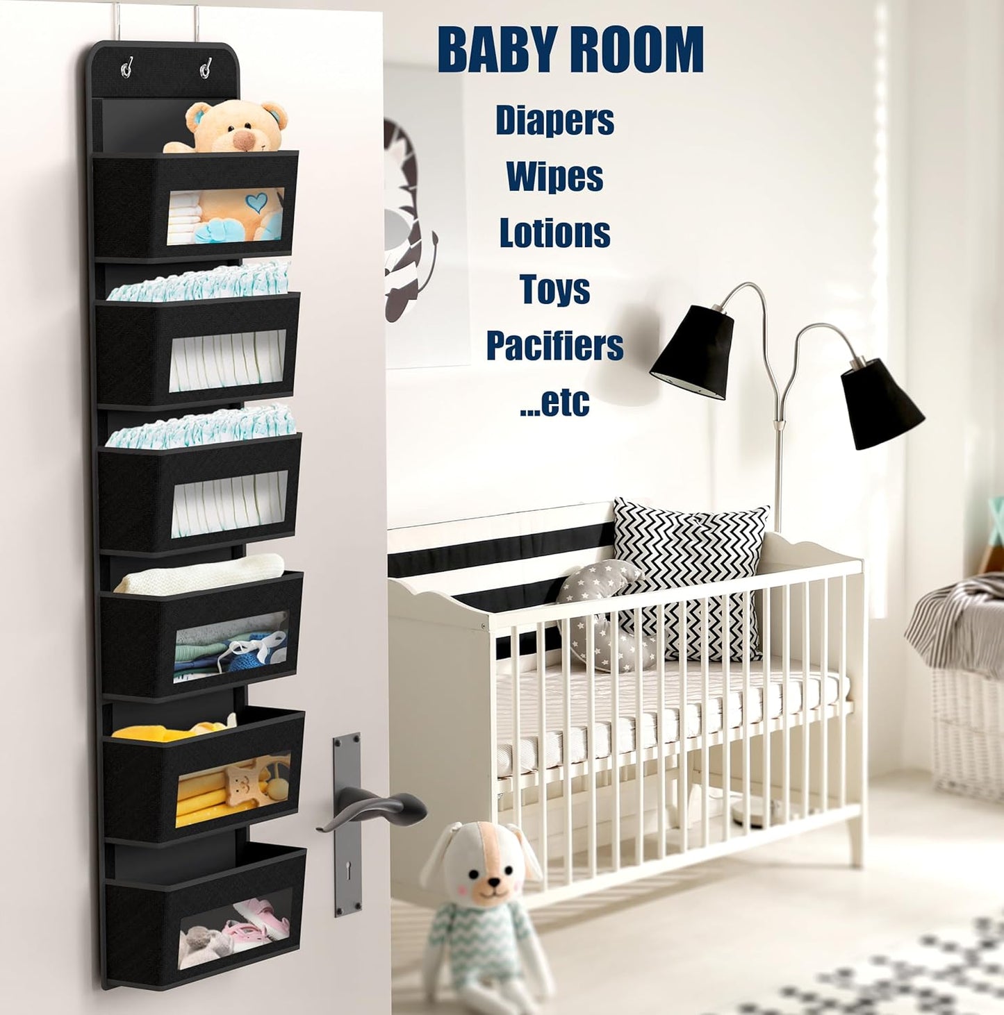 Simple Houseware 6 Clear Window Pocket Over Closet Door Storage Hanging Organizer for Bedroom, Bathroom, Pantry, Black