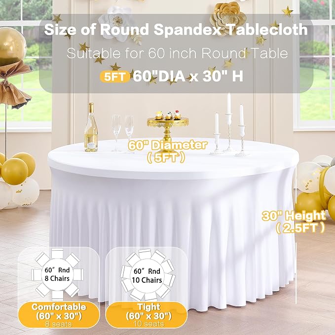 6 Pack White Round Spandex Tablecloths for 60in Tables, Wrinkle Free Stretchy 120inch Fitted 5FT Round Table Cloths Cover with Skirt for Wedding Party Dining Banquet Events - Image 6