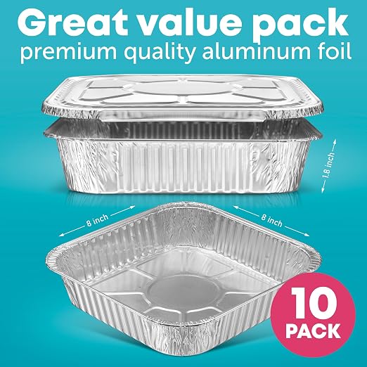 Diplastible Aluminum Pans with Lids - Pack of 10 - Disposable 8x8 Foil Pans, Cake Pan, Lasagna - Heavy Duty, Oven Safe Meal Prep Containers for Cooking, Serving Food, Catering - Image 4