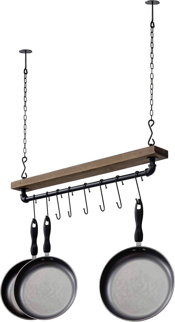 MyGift 30 Inch Ceiling or Wall Mounted Pot Rack with Rustic Brown Solid Wood Shelf and Industrial Matte Black Metal Pipe, Hanging Cookware Utensils Organizer with 8 S-Hooks | Solid Wood Shelf, Industrial Pipe Design, Eight S Hooks, Ceiling or Wall Moun... by MyGiftHome