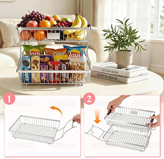 2-Tier Stackable Wire Basket with 2 Banana Hooks, Pantry Organizer for Kitchen Countertops, Cabinets & Under-Sink Spaces; Ideal for Storing Snacks, Fruits, Veggies, Onions, Potatoes, & More,Chrome - Image 5