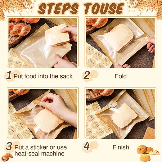 Outus 50 Pcs Cookie Packaging Bags with Seal, 7.1 x 7.5 Inch, Brown | Bakery Pastry Bags with Window, Heat Sealable Grease Resistant Paper to Go Bake Sleeves for Gift Giving Donut Bread Sandwich - Image 4