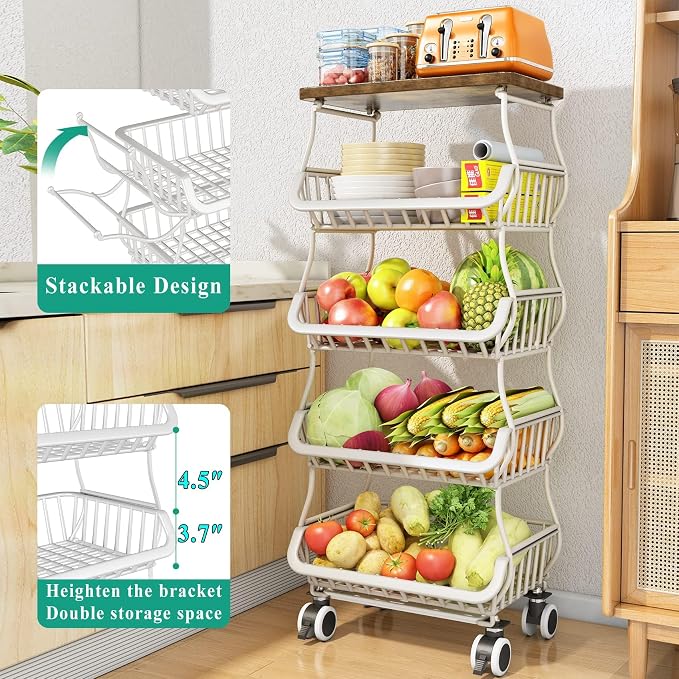 SAYZH 5-Tier Fruit and Vegetable Basket Stand for Kitchen, Wood Top, White | Stackable Vegetable Storage Baskets with Wheel, Metal Wire Storage Carts for Onion, Potato and Snacks - Image 2