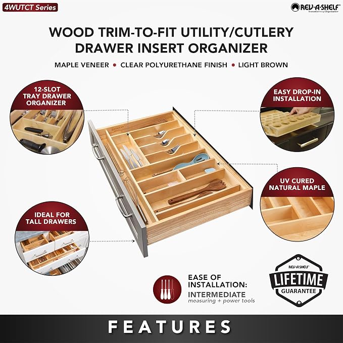 Rev-A-Shelf Trim-to-Custom-Fit Utensil Drawer Organizer, 33.11"x21.97" | Spoons, Forks, Silverware, and Cutlery Drop-In Storage Tray for Kitchen Cabinet Organization - Image 3