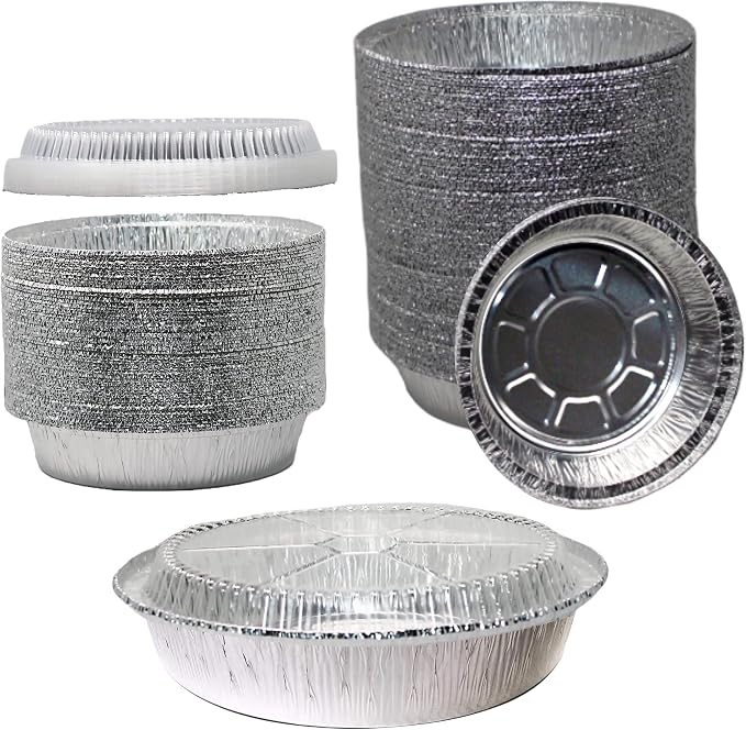 EcoQuality 9" Round Aluminum Foil Pans with Clear Lids - Disposable Containers with Foldable Walls for Pie Baking, Cooking, Serving, Reheating, and Storing - Freezer and Oven Safe Tart Pan 150 Pack by EcoQuality