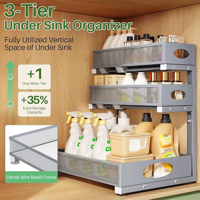 Kitstorack Under Sink Organizer 3-Tier Slide Out Drawer 1-Pack Grey - Image 3