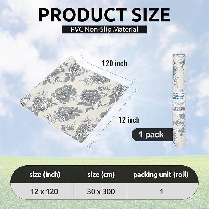 12X120 Inch Shelf Liner for Kitchen Cabinets, PVC Drawer Liner for Dresser Non-Slip Bathroom, Non-Adhesive Cabinet Liner Washable (Black Flower)(1 Roll) - Image 3