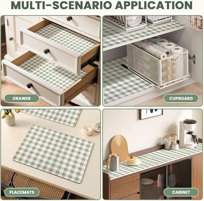 Drawer Liner and Shelf Liner for Kitchen Cabinet Liner Non-Adhesive Non-Slip Shelf Paper, Thick Strong Grip Waterproof Easy to Clean for Shelves, Cupboard, Desks, Green Plaid Pattern, 17.5 in x 20 FT - Image 7