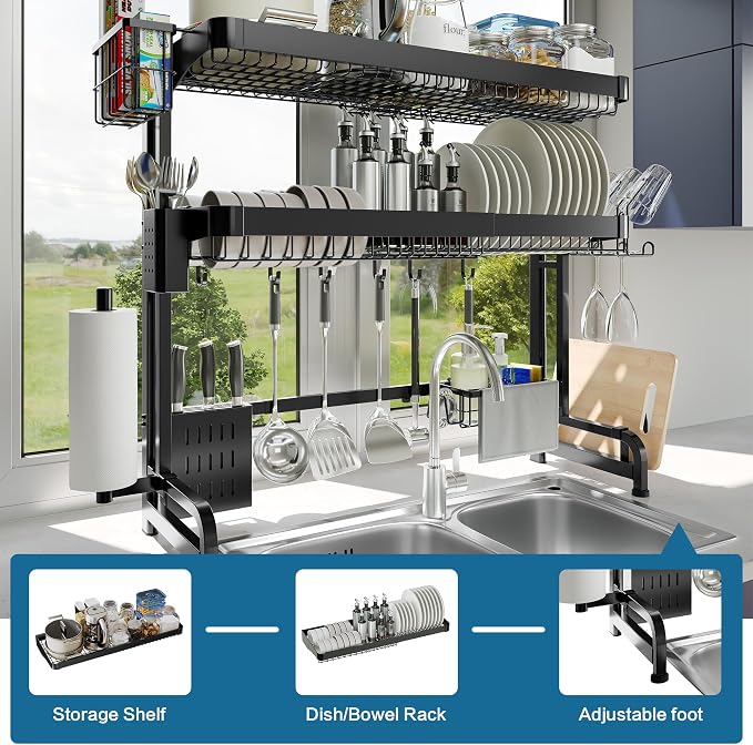 LIVOD Over The Sink Dish Drying Rack,3 Tier Adjustable Length Full Stainless Steel Large Storage Kitchen Dish Rack,for Kitchen Counter Expandable Multifunctional Organizers,Silver(25.5'' to 37.4'') - Image 5