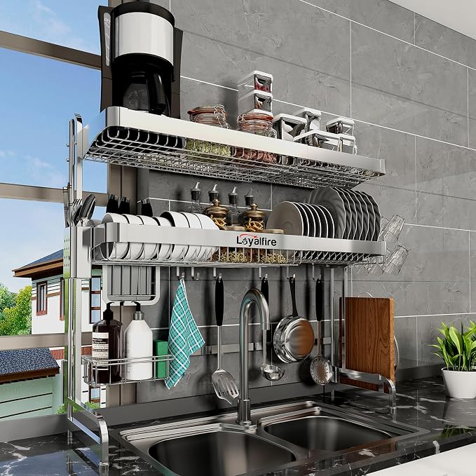 Loyalfire Over Sink Dish Drying Rack, 3 Tier Adjustable Length (20.87'' to 37.6'') Full Stainless Steel Large Storage Kitchen Dish Rack, Expandable Drainer Shelf Rack with Multifunctional Organizers by Loyalfire