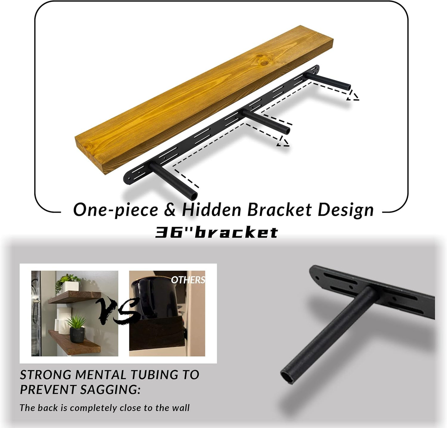 Rustic Floating Shelves 36 inch Long 8 inch deep Set of 2, Solid Wood Wall Shelves for Bedroom Living Room Kitchen,Book Shelf for Wall, Wall Mounted Shelves with Hidden Bracket- Gold Oak