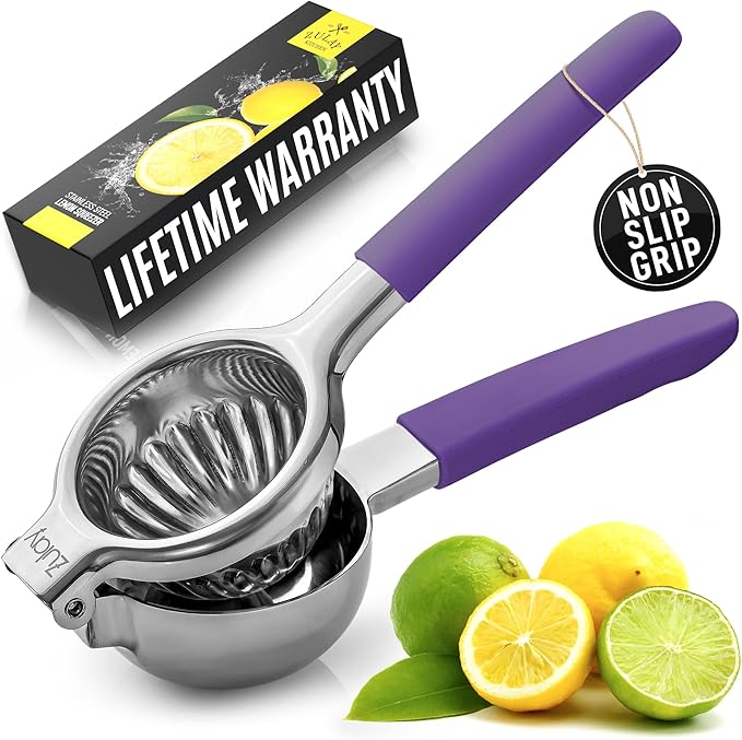 Zulay Kitchen Lemon Squeezer Stainless Steel with Premium Heavy Duty Solid Metal Squeezer Bowl and Food Grade Silicone Handles - Large Manual Citrus Press Juicer and SS Lime Squeezer (Purple) by ZulayKitchen
