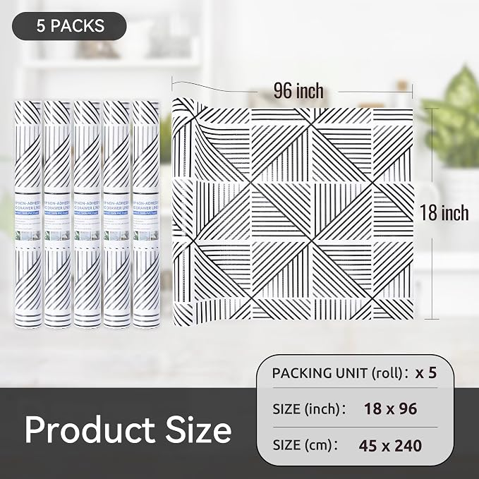 FIFTY FEET 18"x96" Non-Adhesive Shelf Liner for Kitchen Cabinets and Drawers, Washable Non-Slip PVC Cabinet Liner (Black Modern)(5 Roll) - Image 5