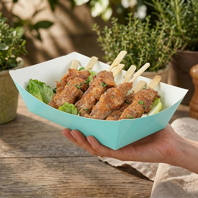 Restaurantware-Bio Tek 2 Pound Food Trays, 50 Disposable Paper Food Trays - Heavy-Duty, Greaseproof, Turquoise Paper Boats, For Snacks, Appetizers, Or Treats, Use At Parties Or Carnivals - Image 5