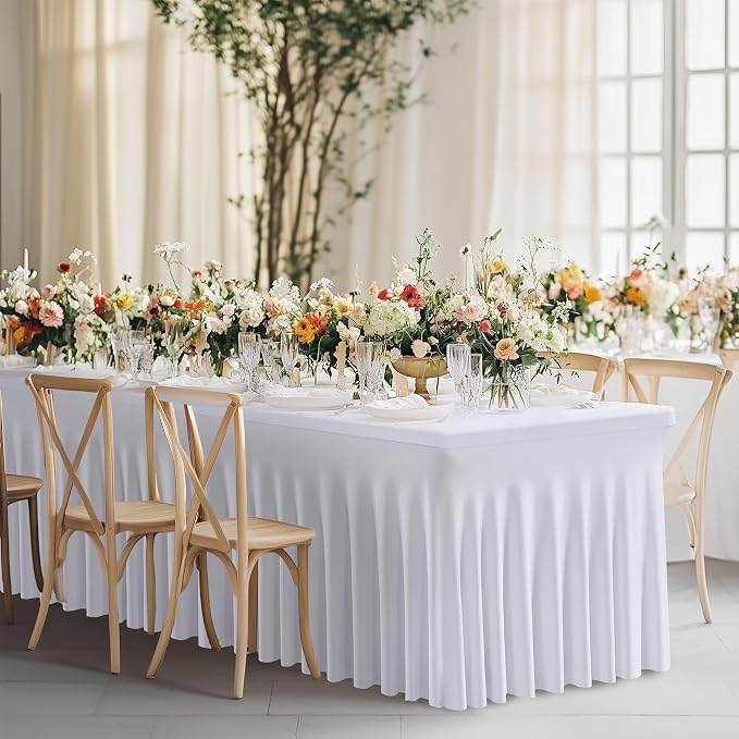 leegleri 8 Pack White Spandex Table Cloths for 6 Foot Rectangle Tables, Wrinkle Free Fitted Table Covers 6ft Stretch Tablecloths with Desk Skirt for Banquet Weddings Parties - Image 9