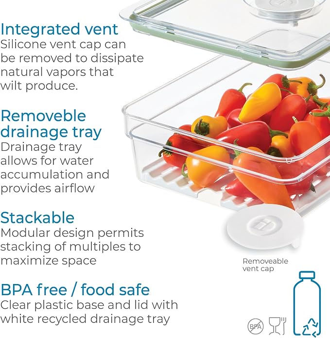 iDesign Large Fridge Produce Bin with Removable Drainage Tray and Lid - Set of 4 - Clear/White - Image 5