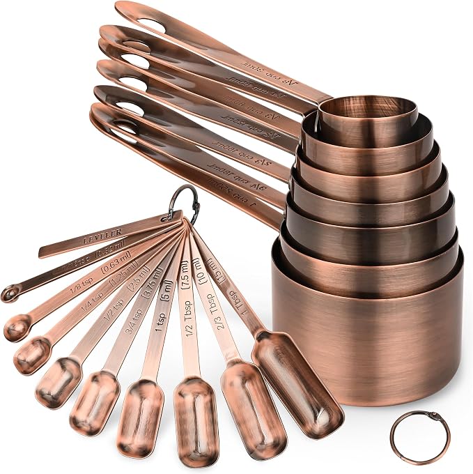 Copper Measuring Cups and Spoons Set 17 for Dry & Liquid, Metric & Us Stainless Steel Measuring Cups and Spoons Set with Leveler for Kitchen & Baking with 3/4 & 2/3 Measurer Cup by Nstezrne