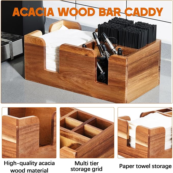Mifoci 3 Pcs Wooden Bar Caddy with 6 Compartments, Acacia Wood Bar Caddy Napkin & Straw Holder Organizer Cocktail Napkin Holder Condiments for Home Office Kitchen Countertop (Brown) - Image 3