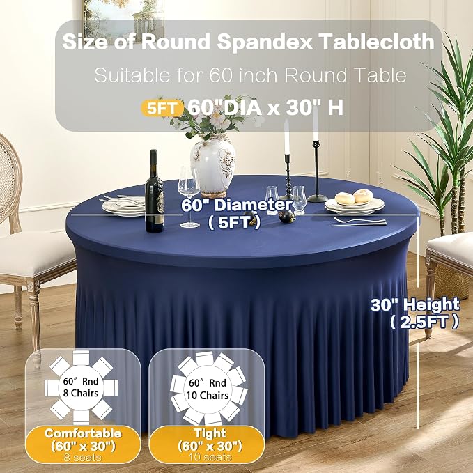 6 Pack Navy Blue Round Spandex Tablecloths for 60 inch Table, Wrinkle Free Stretchy 120inch Fitted 5FT Round Table Cloths Cover with Skirt for Wedding Birthday Party Dining Banquet Events - Image 6