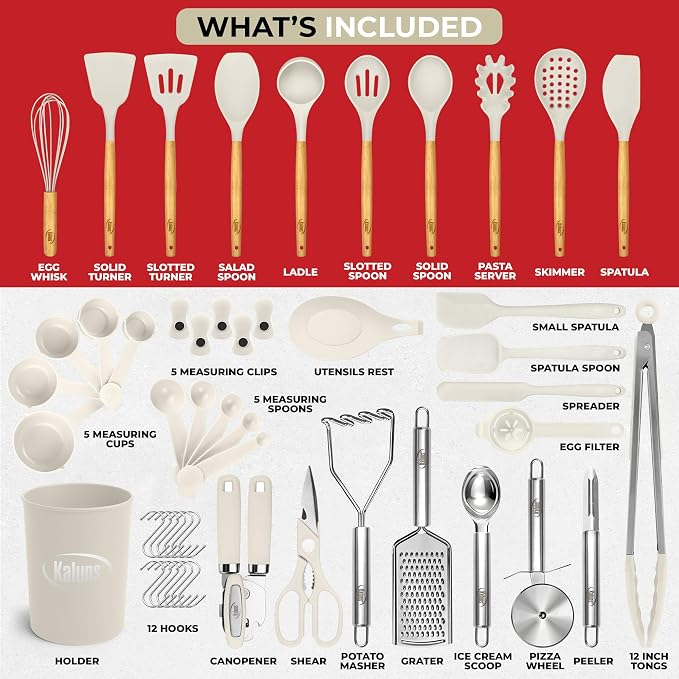Kaluns 50 PCS Silicone Kitchen Utensils Set Complete Kitchen Set - 800°F Heat Resistant Non-Stick Premium Silicone Cooking Utensils W Wooden Handles - Can Opener, Masher, Turner, Silicone Spatula Set - Image 2