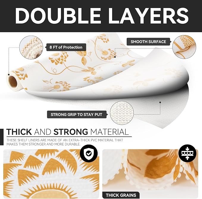 Shelf Liner,Non Adhesive Golden Leaves Floral 18In x 8 FT(5 Rolls) Non Slip - Image 7