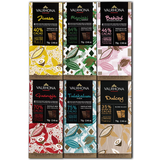 Valrhona Tasting Bar Gift Set ASSORTMENT. 6 Exquisite Tasting Bars - Perfect For Your Chocolate Obsessed Loved One. Grand Cru Bars from Dark to Light & In Between. Great for Baking! 70g (Pack of 6)