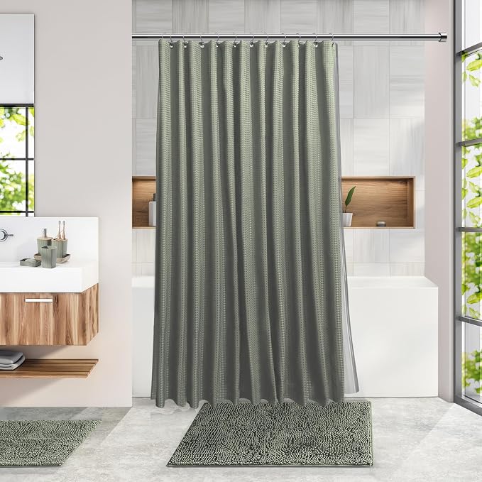 Clara Clark Bathroom Accessories Set - 27PC Bathroom Set with Adhesive Corner Shower Caddy Hanging, Bathroom Sets with Shower Curtain and Rugs, Sage Green Shower Curtain Set with Bathroom Trash Can - Image 2