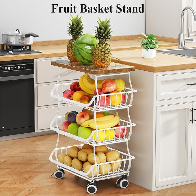SAYZH 4-Tier Fruit and Vegetable Basket Stand for Kitchen, Wood Top, White | Stackable Vegetable Storage Baskets with Wheel, Metal Wire Storage Carts for Onion, Potato and Snacks - Image 5