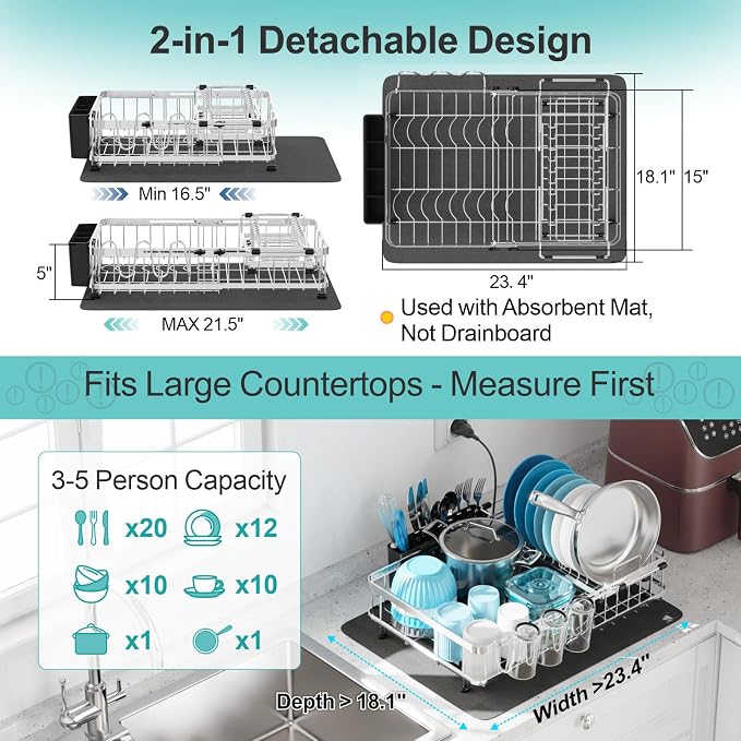 GSlife Large Capacity Dish Rack - Expandable 2-Piece Countertop Set, Silver - Image 3