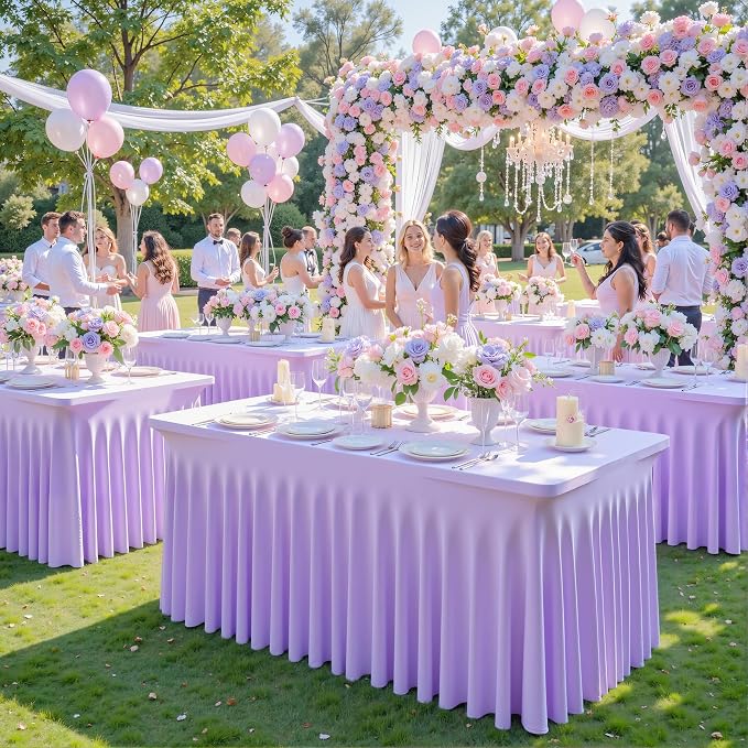 2 Pack Purple Table Cloth for 8 Foot Rectangle Tables Spandex Fitted Tablecloth 8ft Stretch Table Covers Skirt Purple Banquet Tablecloths Wrinkle Free Tablecloth for Party Wedding Birthday Event - Image 3