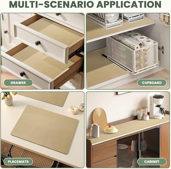 Drawer Liner and Shelf Liner for Kitchen Cabinet Liner Non-Adhesive Non-Slip Shelf Paper, Thick Strong Grip Waterproof Easy to Clean for Shelves, Cupboard, Desks, Khaki, 17.5 in x 20 FT - Image 7