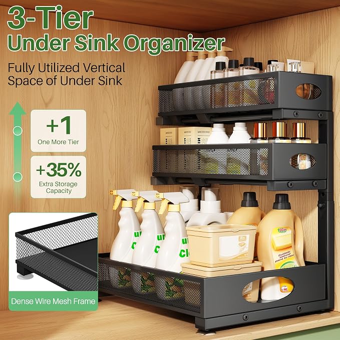 Kitstorack Under Sink Organizer 3-Tier Slide Out Drawer 2-Pack Black - Image 3