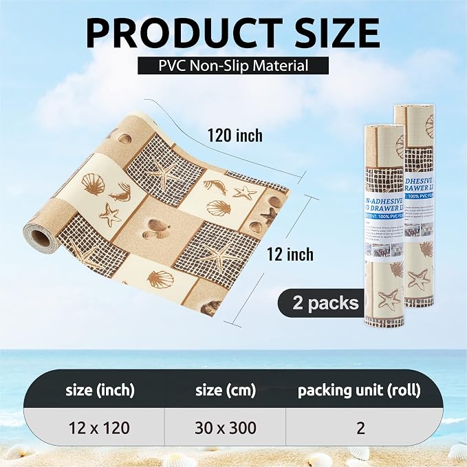 FIFTY FEET 12X120 Inch Shelf Liner for Kitchen Cabinets, PVC Drawer Liner for Dresser Non-Slip Bathroom, Non-Adhesive Cabinet Liner Washable (Beach)(2 Roll) - Image 3