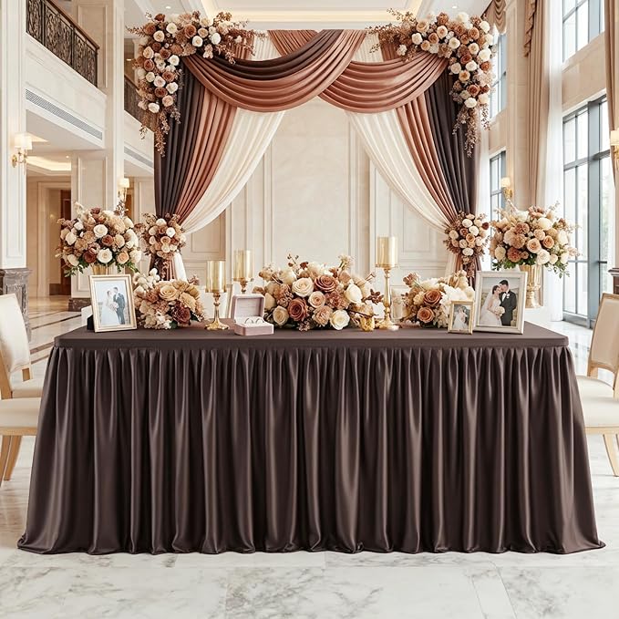 Wish Care Brown Polyester Table Clothes for 4 Foot Rectangle Tables, Wrinkle Free Fitted Table Cover with Pleated Ruffle Table Skirt for Birthday Party Wedding Trade Show Event Display - Image 3