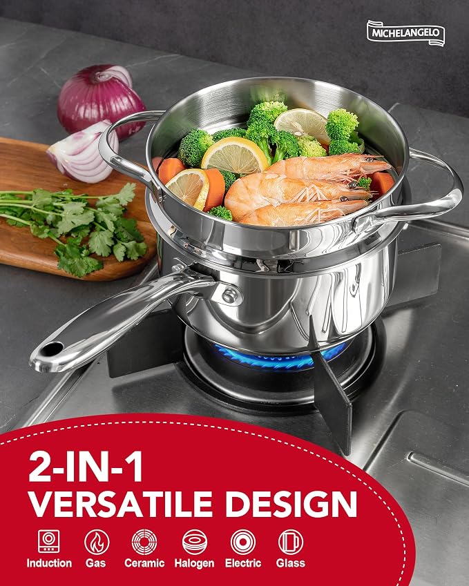 MICHELANGELO Stainless Steel Sauce Pan with Lid, 2.5 Quart Sauce Pan with Steamer Insert, Induction Saucepan, 2.5 Qt Stainless Steel Pot with Lid, Dishwasher & Oven Safe - Image 2