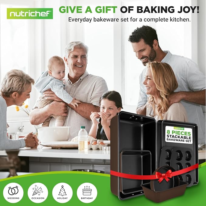 NutriChef 8-Piece Nonstick Stackable Bakeware Set – Non Toxic Carbon Steel Baking Trays W/Cookies Sheet Muffin, Loaf, Cake, Round & Square Pan – Easy To clean & Easy to Release, Oven Safe – Brown - Image 7