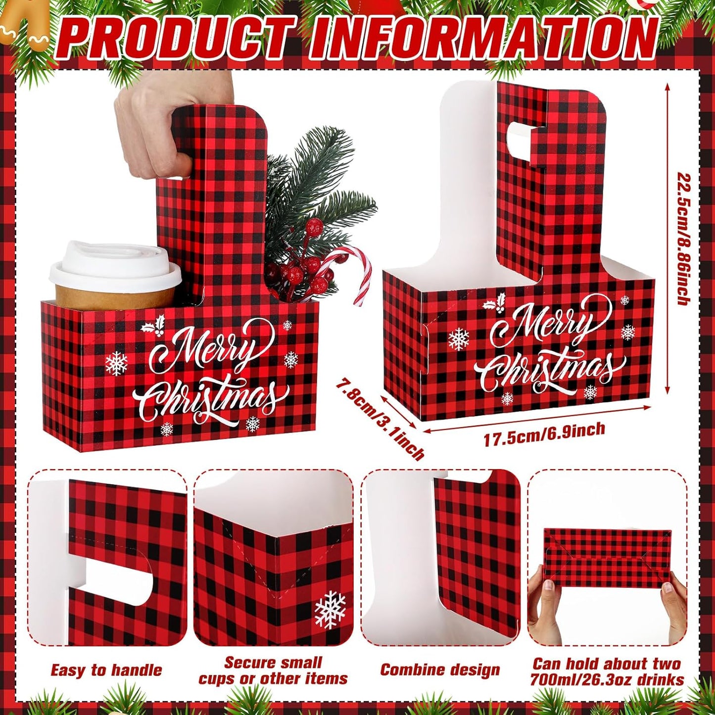 30 Pcs Christmas 2 Cup Drink Carrier with Handle Red and Black Buffalo Plaid Paper Cup Holder Bulk Christmas Caddy Cardboard Coffee Carriers for Cocoa Milk Coffee Holiday Party Supplies
