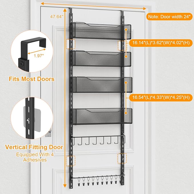 Over the Door Organizer, 2 in 1 Metal Hanging Closet Organizer & Hat Rack with 4 Adjustable Baskets, 8 Hooks, 10 Clips, Behind The Door Storage for Bedroom, Bathroom, Entrance, Closet, Kitchen, Black - Image 3