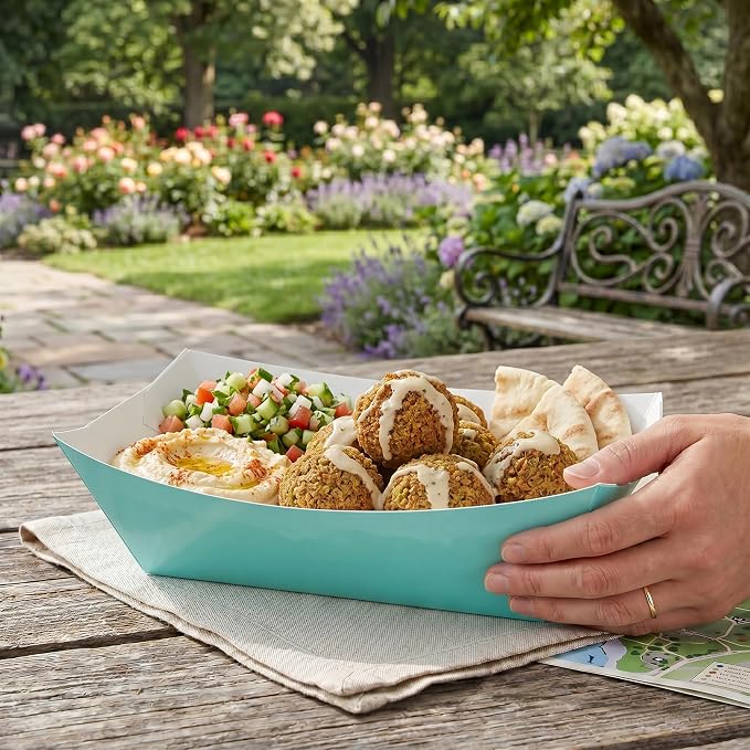 Restaurantware-Bio Tek 1 Pound Food Trays, 50 Disposable Paper Food Trays - Heavy-Duty, Greaseproof, Turquoise Paper Food Boats, For Snacks, Appetizers, Or Treats, Use At Parties Or Carnivals - Image 5