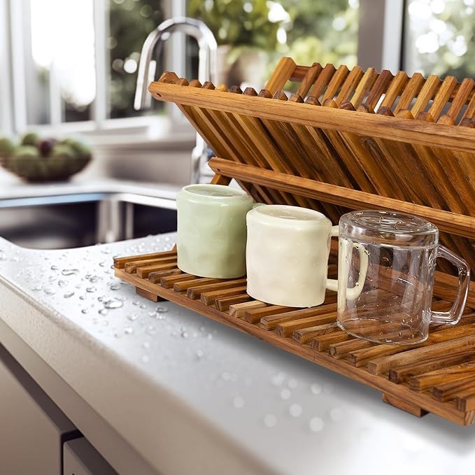Utoplike Large Teak Dish Drying Rack, Wood Collapsible Organizer for Plates - Image 3