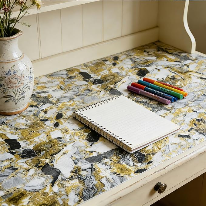 Drawer and Shelf Liner - Yellow Black Marble Pattern,Non Adhesive - Image 3