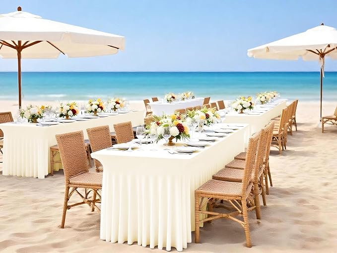 2 Packs Ivory Spandex Table Clothes for 8 Ft Tables - Image 6