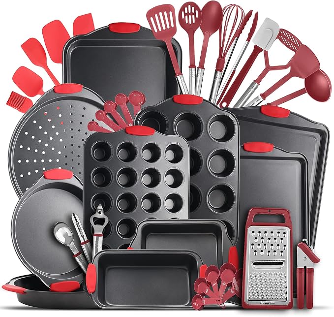 Eatex Nonstick Bakeware Sets with Baking Pans Set, 39 Piece Baking Set with Muffin Pan, Cake Pan & Cookie Sheets for Baking Nonstick Set, Steel Baking Sheets for Oven with Red Kitchen Utensils Set | Nonstick Bakeware Sets, Warp Resistant 450°F Oven Saf... by Eatex